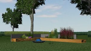 Moderne Grasbank mit Zier- und Duftpflanzen im Garten